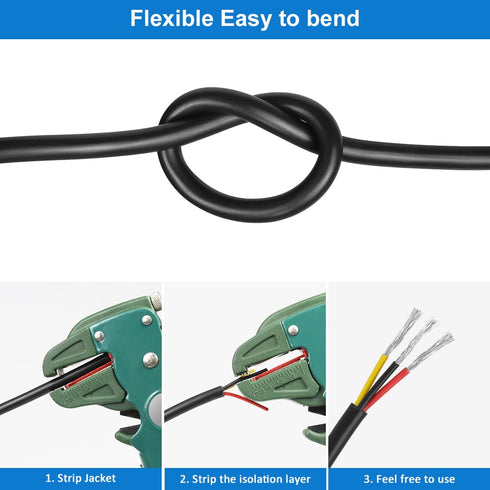 50FT 22AWG 22 Gauge 3 Conductor Electrical Wire, Black PVC Stranded Tinned Copper 3 Wire Cable, 22/3 Cord