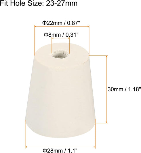 MECCANIXITY Rubber Tapered Plug 22mm to 28mm with 8mm Hole Test Tubes Bungs Stopper White for Lab Home 5 Pieces
