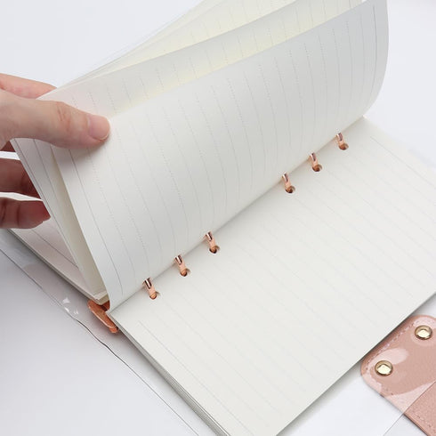 Clear A6 Binder, 6-Ring Soft PVC Cover, Rose Gold Round Ring, PU Leather Snap Button Refillable Notebook Protector with