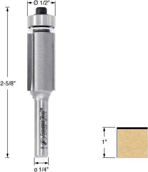 Amana Tool 47104 Flush Trim 1/2-Inch Diameter by 1-Inch Cutting Height by 1/4-Inch Shank 2-Flute Router Bit