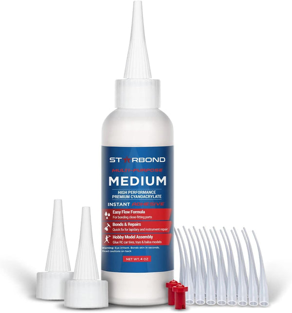Starbond 4 oz. Medium CA Glue - Premium Cyanoacrylate Super Glue with Extra Cap and Microtips for Quick Fixes