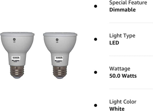 GE Classic 2-Pack Dimmable Par20 LED Light Fixture Bulbs, 50W Equivalent, Daylight