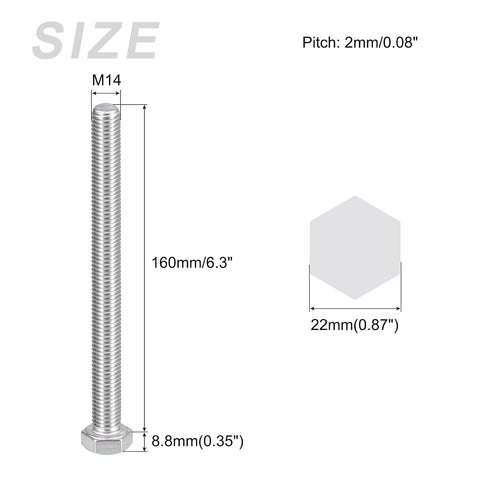 Hex Bolts (M14-2x160mm) 2Pcs, Fully Threaded Coarse Hex Head Screw Bolt Machine Screws - 304 Stainless Steel, Silver