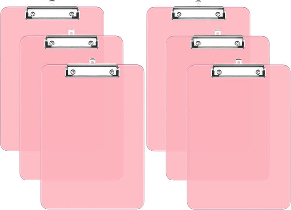 Rimilak Set of 6 Plastic Clipboards, Translucent 12.5 x 9 Inch Letter Size with Low Profile Metal Clip, Pink | Office
