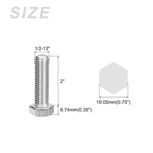 Hex Bolts (1/2-13x2") 10Pcs - 304 Stainless Steel Fully Threaded Hex Head Screw Bolt for Furniture Repair