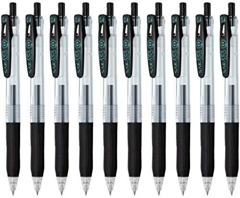 Zebra Sarasa Clip 0.4 Retractable Gel Ink Pen, Black Ink, Rubber Grip, Value Set of 10