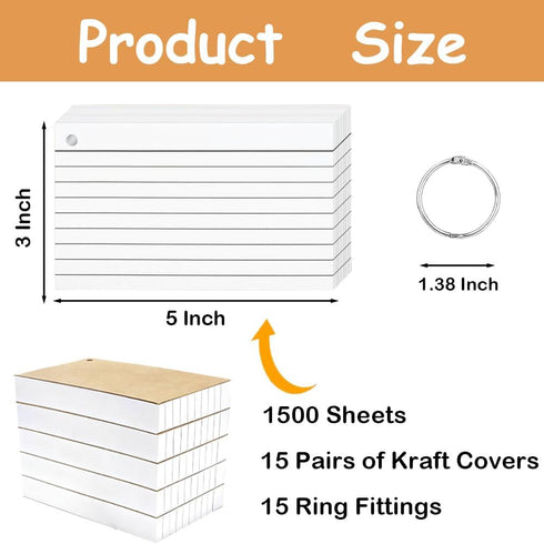 Wenscis 1500 3x5 Inch Pcs White Index Cards with Rings, Flash Cards Bulk with Holder for Studying, Notecards Lined