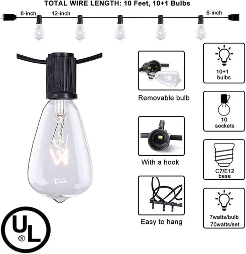 Lights,10Ft Bulb 1 Bulbs)-Black Couah Outdoor Patio String Edison String Lights for Patio Garden Porch Backyard Party