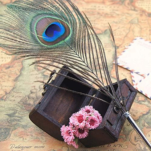 Peacock Feather Ballpoint Pens - Black Ink Natural Feather Quill Pen for Kids School Writing, Birthday Gift Pen