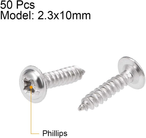 uxcell 2.3x10mm Self Tapping Screws, Phillips Pan Head with Washer, 304 Stainless Steel Fasteners, 50Pcs