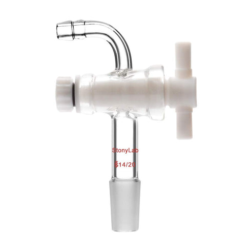 StonyLab Vacuum Flow Control Adapter with PTFE Stopcock - 14/20 Joint and Bent Hose Connection for Lab Supply