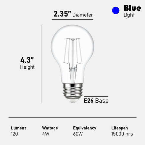 Bulb, 4 A19 Bulbs, 120 Dimmable, E26 2-Pack Maelsrlg Blue Light Watts, Colored LED Filament Clear Glass, Volts, Base