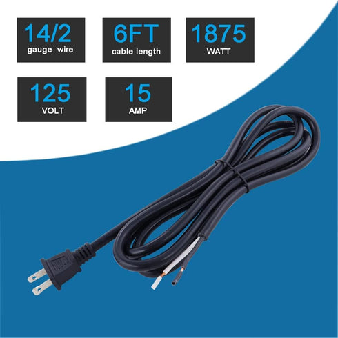 Power Cord Replacement 2 Prong 14AWG SJT Heavy Duty Power Supply Polarized Plug 14 Gauge 6 Foot Pigtail 2 Wires AC Cable Open End 15 Amp 1875W