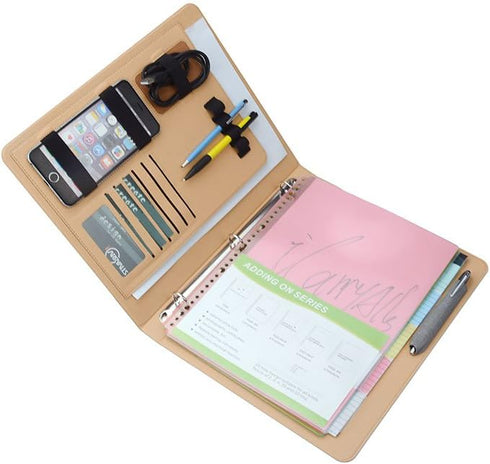 iCarryAlls 3-Ring Binder Portfolio with 3/4 Inch Round Ring, Document Storage with 5 Transparent Bags, Gray+Gold