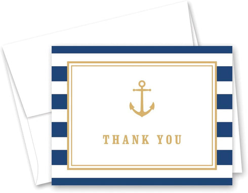 MyExpression.com 50 Cnt Navy Stripes Gold Anchor Nautical Baby Shower Thank You Cards