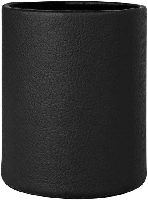 PU Leather Pen Pencil Holder Cup, Desk Organizer Stand for Brushes, Scissors, Office Home School (Black, 3.3" x 3.3" x