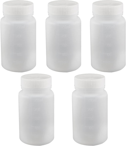 Bettomshin 5Pcs 250ml PE Plastic Bottles, Food Grade Wide Mouth Lab Reagent Liquid/Solid Sample Storage