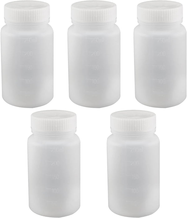 Bettomshin 5Pcs 250ml PE Plastic Bottles, Food Grade Wide Mouth Lab Reagent Liquid/Solid Sample Storage