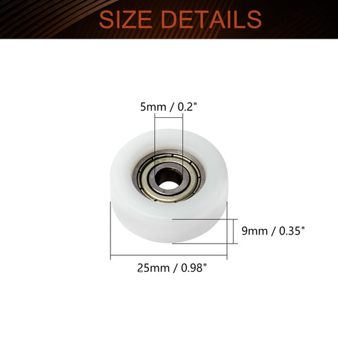 MroMax Roller Idler Bearing Pulley-5 x 25 x 9mm Sliding Conveyor Nylon Wheel with 625ZZ Bearing for Furniture, Hardware Accessories and Mobile Door White 4Pcs