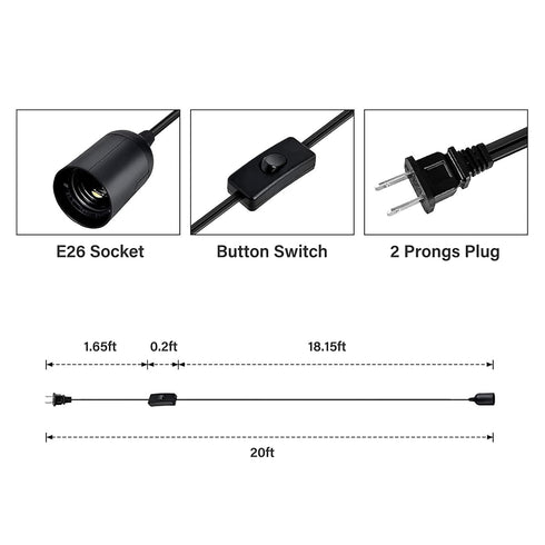 20ft E26 (Bulb 1 Pack Simple Deluxe Hanging Lantern Extension Cord Cable, Plug-in Pendant Light Socket with On/Off