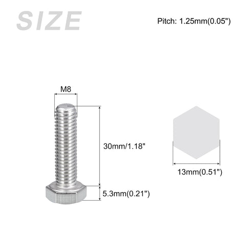 Hex Bolts (M8-1.25x30mm) 5Pcs, Fully Threaded Coarse Hex Head Screw Bolt Machine Screws - 316 Stainless Steel, Silver