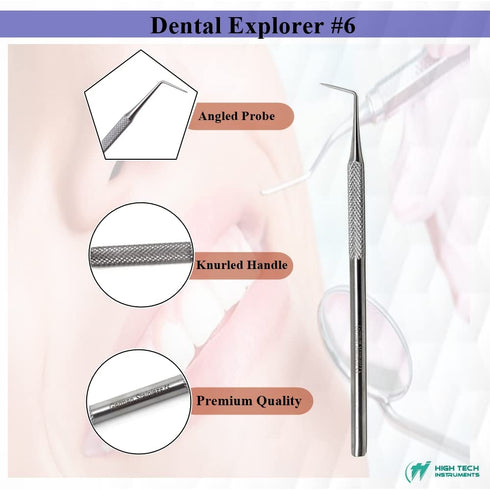 HIGH TECH INSTRUMENTS #6 (1) Dental Probe Explorer Made of Stainless Steel Reusable Tool Plaque & Tartar Remover Tooth