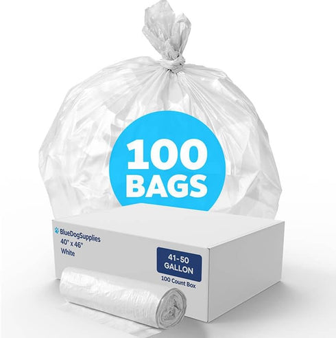 BlueDogSupplies 41-50 Gallon Trash Bags White, 100 Count, 30+ Gallons, Sturdy 0.6 Mil