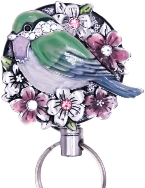 Laraine Retractable Badge Reel Holder, Metal Clip ID Card & Key Holders, Rhinestones Pearl Bird Shape 1.7”