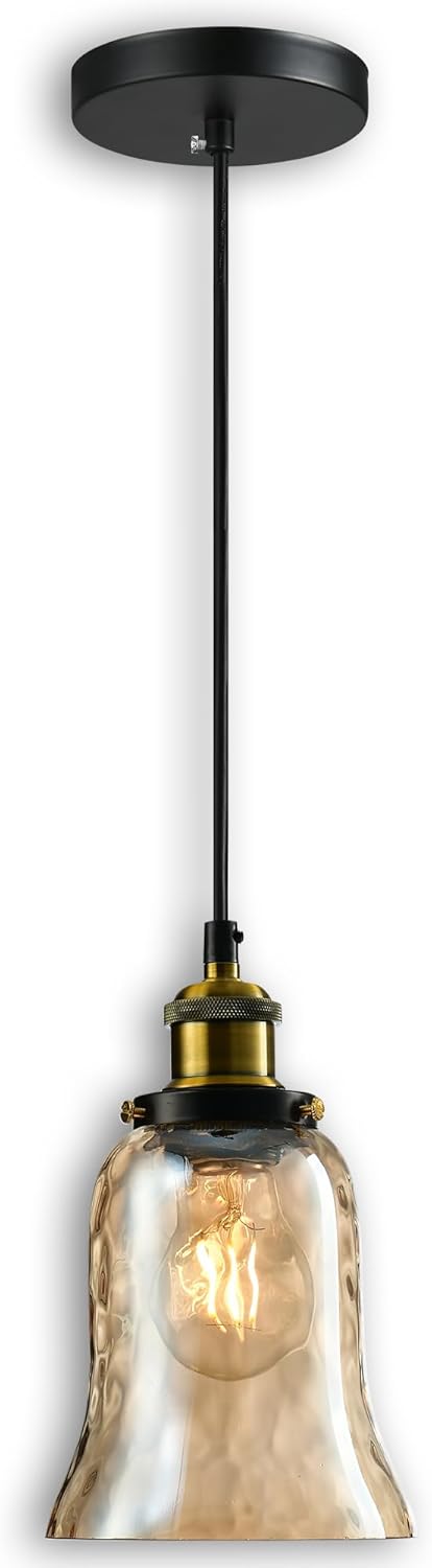 Modern Glass Pendant Light, 5.5"x6.3" Amber Ribbed Globe Light Fixture with Gold