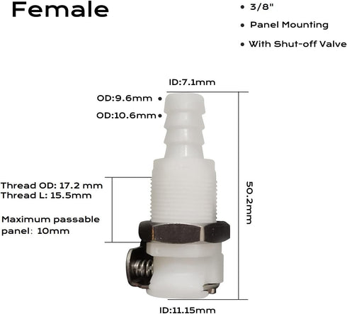 2PCS 1/4" 3/8" 5/16" Plastic Tube in-line Hose Quick Connector with Shut-Off valve, Panel Mounting Quick Disconnect Coupling,Female Quick Connect Barbed Fittings (2x Female Connector) by BBTUS