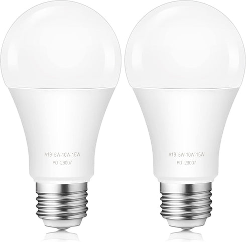 3 Way LED Light Bulbs, 40 60 100 Watt Equivalent, A19 Dimmable, 2700K Warm White, E26 Base, 500-1000-1500LM, 2 Pack