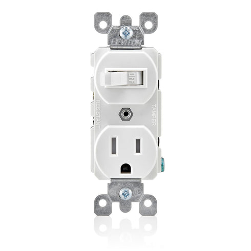 Leviton T5225-W Combination, 15 Amp, 120 Volt AC Toggle Switch, and 15amp, 125 Volt 5-15R Tamper Resistant Receptacle, Grounding, White