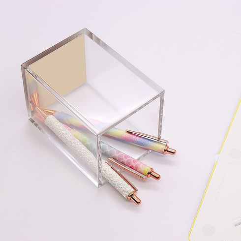 Clear Acrylic Body Bright Yellow Gold Tone Sticky Memo Pad Holder and Pen Holder Set for Office School Home Desk