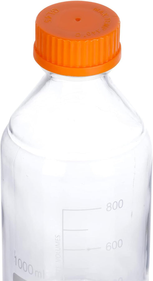 4 Pieces 1000 mL Graduated Round Glass Bottles with GL45 Orange Polypropylene Screw Cap for Media/Storage