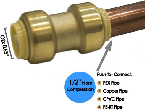 HQMPC Straight Coupling Push Fit PEX Fittings, 1/2" Push-to-Connect for Copper, CPVC, Lead-Free Brass