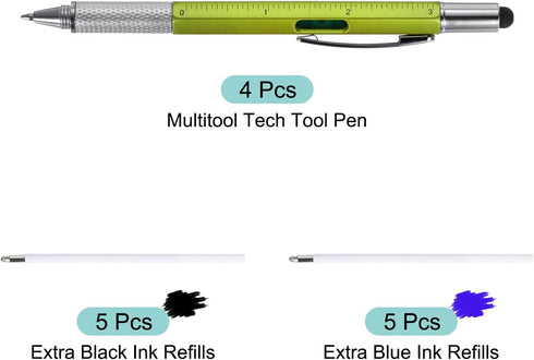 MECCANIXITY 4pcs 6 in 1 Multitool Tech Tool Pen Gifts for Men, Green with Ballpoint Pen, Ruler, Screwdriver, Stylus