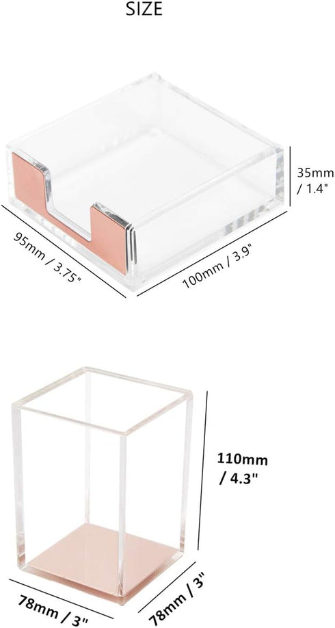 Set Rose Gold Memo Pad Holder Pencil Cup Self-Stick Notes Cube Tray Desktop Accessories Dispenser for Office Home