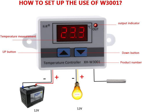 XH-W3001 Mini Thermostat Switch, 12V Digital Intelligent Temperature Controller with Waterproof Sensor Probe