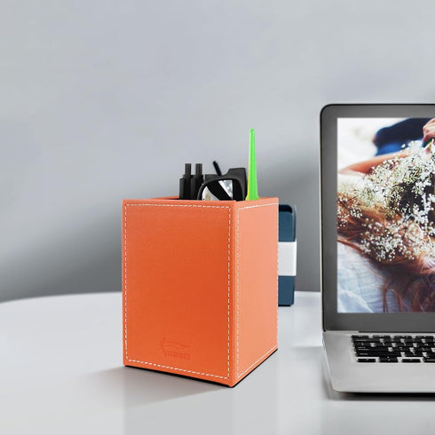 Pen Pencil Holder Cup Container, PU Leather Desk Organizer for Office Home School (Orange, 3.54" x 3.54" x 4.72")