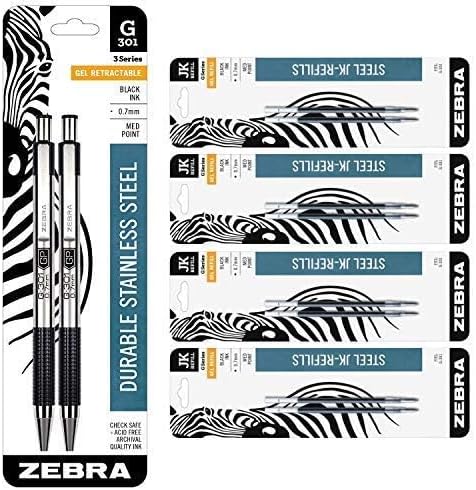 Zebra Pen G-301 Stainless Steel Gel Pen, Medium Point, 0.7mm, Black Ink, 2-Count Bundle with 8 Refills, 0.7mm