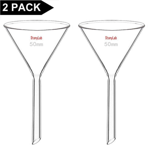 StonyLab 2-Pack Glass Heavy Wall Funnel, Borosilicate Glass Funnel, Short Stem 50mm Diameter