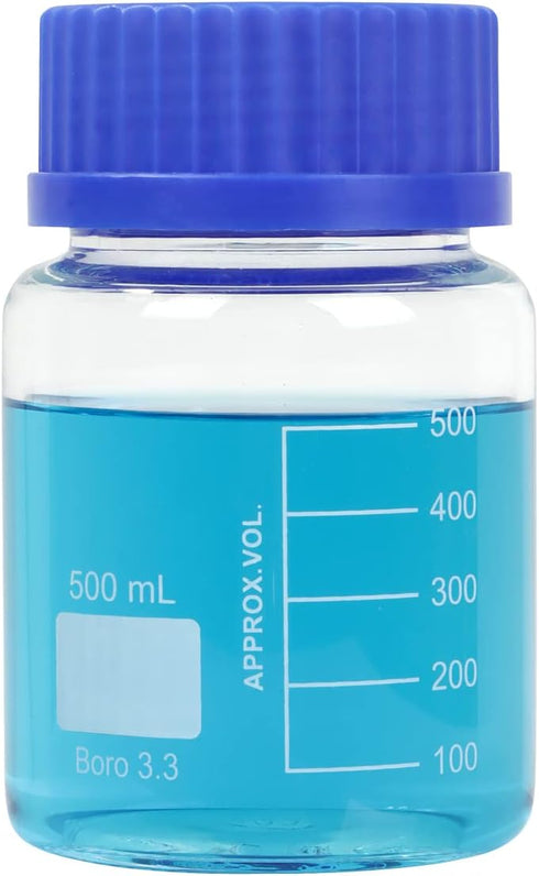 2 Pack 500ml Borosilicate Glass Wide Mouth Graduated Round Reagent Media Storage Lab Bottles with GL80 Blue Screw Cap