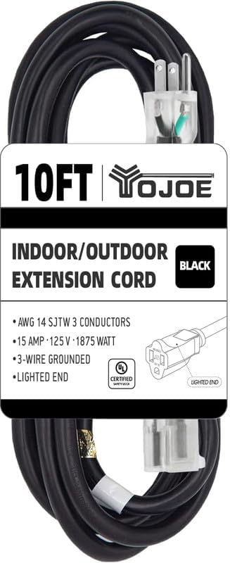 YOJOE 14/3 10 ft Black Outdoor Extension Cord, Heavy Duty Waterproof Lighted Power Cable