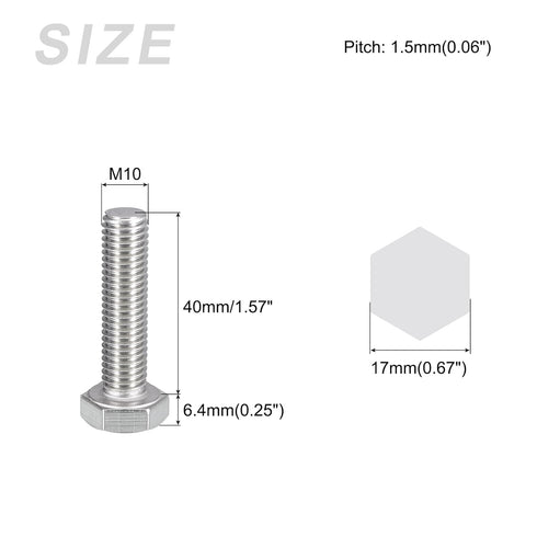 Hex Bolts (M10-1.5x40mm) 5Pcs, 304 Stainless Steel Fully Threaded Hex Head Screws for Furniture Repair