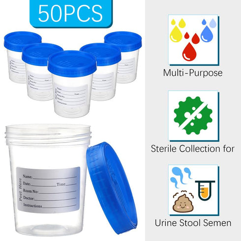50 4oz TrelaCo Pieces Specimen Cup with Lid and Label Disposable Specimen Container Individually Wrapped Screw Cap Leak