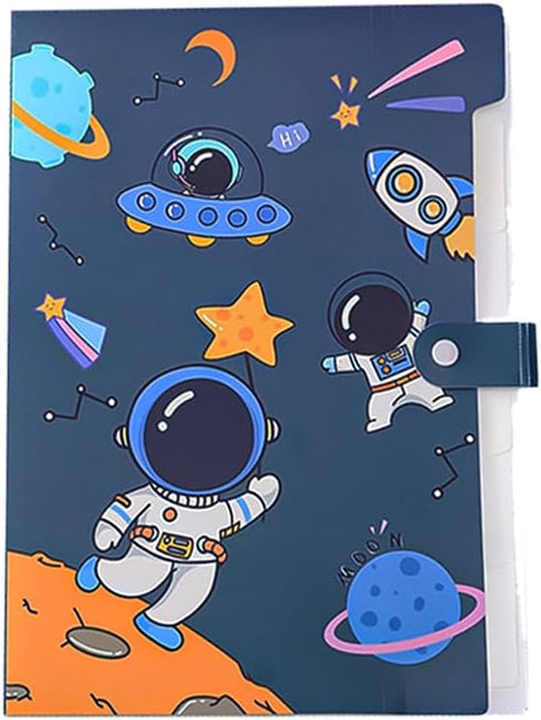 Cute File Folder - 5 Pockets - Astronauts Universe Space Rocket A4 Accordion Expanding Organizer (Blue)