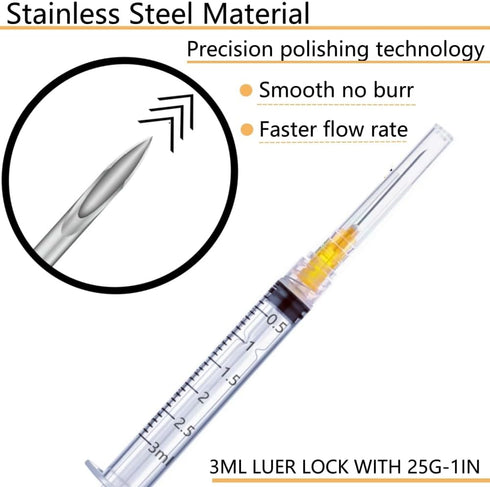 100 Pack 3ml/cc Luer Lock Plastic Syringe with 25Ga Needle, Lab Measuring Tools for Industrial Dispensing