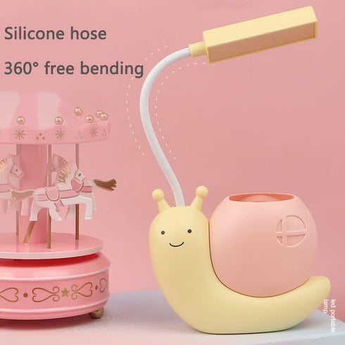 Cute Kids Lamp with Pen Holder, Snail Shape LED Desk Lamp, USB Charging Eye Protection Lamp with 360 Bendable Neck