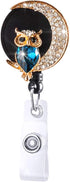 Cute Bling Owl and Moon Badge Reel, Rhinestone Crystal Retractable ID Holder with Alligator Clip for Nurse Doctor