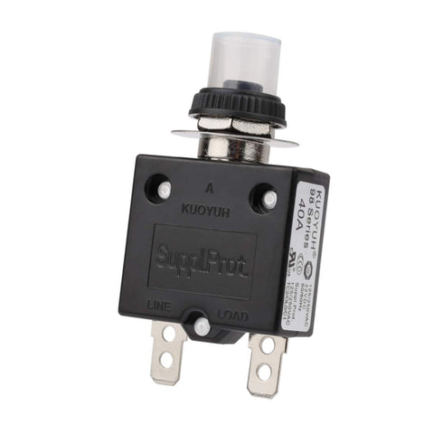 98-40A Thermal Circuit Breaker Overload Protector, 40Amp Push Button Manual Reset Circuit Breaker 32V DC 125/250VAC 50/60Hz with Quick Connect Terminals and Waterproof Button Transparent Cap